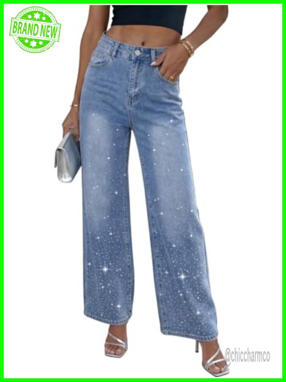 Rhinestone Wide Leg High Rise Baggy Jeans Women Y2K Sparkly Denim Pants
